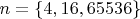 $n=\{4,16,65536\}$