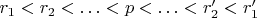 $r_1<r_2<\ldots<p<\ldots<r'_2<r'_1$