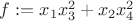 $f:=x_1x_3^2+x_2x_4^2$