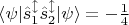 $
\langle \psi | \hat{s}_1^{\updownarrow} \hat{s}_2^{\updownarrow} | \psi \rangle = 
-\frac{1}{4} 
$