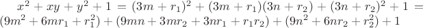 $x^2 + xy + y^2 + 1 = (3m+r_1)^2 + (3m+r_1)(3n+r_2) + (3n+r_2)^2 + 1 = (9m^2 + 6mr_1+r_1^2) + (9mn+3mr_2+3nr_1+r_1r_2)+(9n^2+6nr_2+r_2^2) + 1$