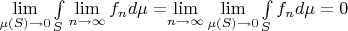 $\lim\limits_{\mu(S)\to 0}\int\limits_S\lim\limits_{n\to\infty}f_nd\mu=$\lim\limits_{n\to\infty}\lim\limits_{\mu(S)\to 0}\int\limits_Sf_nd\mu=0$