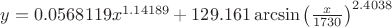 $y=0.0568119 x^{1.14189} + 129.161 \arcsin \left (\frac{x}{1730} \right )^{2.4038} $