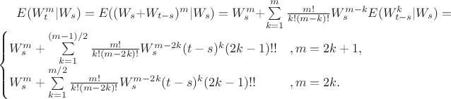 $E(W_t^m|W_s)=E((W_s+W_{t-s})^m|W_s)=W_s^m + \sum\limits_{k=1}^{m}\frac{m!}{k!(m-k)!}W_s^{m-k}E(W_{t-s}^k|W_s) = \begin{cases} W_s^m + \sum\limits_{k=1}^{(m-1)/2}\frac{m!}{k!(m-2k)!}W_s^{m-2k}(t-s)^k (2k-1)!! & ,m=2k+1, \\ W_s^m + \sum\limits_{k=1}^{m/2}\frac{m!}{k!(m-2k)!}W_s^{m-2k}(t-s)^k (2k-1)!!& ,m=2k. \end{cases}  $