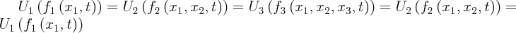 \large $ U_{1} \left(f_{1} \left(x_{1}, t \right)\right) = U_{2} \left(f_{2} \left(x_{1}, x_{2}, t \right)\right) = U_{3}\left(f_{3} \left(x_{1}, x_{2}, x_{3}, t \right)\right) = U_{2} \left(f_{2} \left(x_{1}, x_{2}, t \right)\right) = U_{1} \left(f_{1} \left(x_{1}, t \right)\right)$