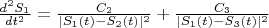 $ \frac{d^2 S_1}{d t^2} = \frac{C_2}{ | S_1(t) - S_2(t) |  ^2} + \frac{C_3}{ | S_1(t) - S_3(t) |  ^2} $