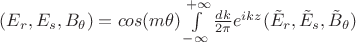 $(E_r,E_s,B_\theta) = cos(m \theta) \int \limits_{-\infty}^{+\infty} \frac {dk} {2 \pi} e^{i k z} (\tilde E_r, \tilde E_s, \tilde B_\theta) $