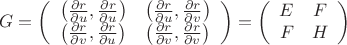 $$G=\left(\begin{array}{cc}
\left(\frac{\partial r}{\partial u}, \frac{\partial r}{\partial u}\right) & \left(\frac{\partial r}{\partial u}, \frac{\partial r}{\partial v}\right) \\
\left(\frac{\partial r}{\partial v}, \frac{\partial r}{\partial u}\right) & \left(\frac{\partial r}{\partial v}, \frac{\partial r}{\partial v}\right) \\
\end{array}\right)=\left(\begin{array}{cc}E & F \\ F & H
\end{array}\right)$$