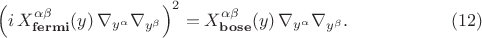 $$
\left( 
i \, X^{\alpha \beta}_{\bf fermi} (y) \, \nabla_{y^{\alpha}} \nabla_{y^{\beta}} \right)^2
= X^{\alpha \beta}_{\bf bose} (y) \, \nabla_{y^{\alpha}} \nabla_{y^{\beta}}.
\eqno(12)
$$