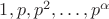 $1,p,p^2,\ldots , p^{\alpha}$