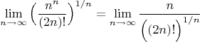 $$\lim\limits_{n\to \infty} \Big(\dfrac{n^n}{(2n)!}\Big)^{1/n}=
\lim\limits_{n\to \infty} \dfrac{n}{\Big((2n)!\Big)^{1/n}}$$