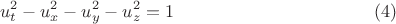$$
u_t^2 - u_x^2 - u_y^2 - u_z^2 = 1 \eqno(4)
$$