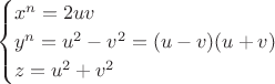 $$\begin{cases} x^n=2uv \\ y^n=u^2-v^2=(u-v)(u+v) \\ z = u^2 + v^2\end{cases}$$