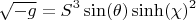$$
\sqrt{-g} = S^3 \sin(\theta) \sinh(\chi)^2
$$
