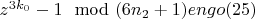 $z^{3k_0}-1\mod (6n_2 + 1) engo(25)$