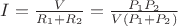 $I=\frac{V}{R_1+R_2}=\frac{P_1P_2}{V(P_1+P_2)}$