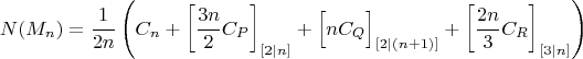 $$
N(M_n)=\frac{1}{2n } \left( C_n + \left[ \frac{3n}{2 }C_{P}\right]_{[2 \mid n]} + 
\Bigl[ n C_{Q}\Bigr]_{[2 \mid (n+1)]} + \left[ \frac{2n}{3 }C_{R}\right]_{[3 \mid n]} \right)
$$