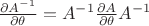 $\frac{\partial A^{-1}}{\partial\theta}=A^{-1}\frac{\partial A}{\partial \theta}A^{-1}$