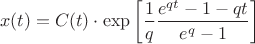 $$x(t)=C(t)\cdot\exp\left[\frac1q\frac{e^{qt}-1-qt}{e^q-1}\right]$$