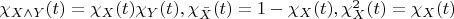 $\chi_{X\wedge Y}(t)=\chi_X(t) \chi_Y(t), \chi_{\bar X}(t)=1-\chi_X(t), \chi^2_X(t)=\chi_X(t)$
