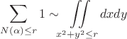 $$\sum\limits_{N(\alpha) \leq r} 1 \sim \iint\limits_{x^2+y^2 \leq r}dxdy$$ $$\sum\limits_{N(\alpha) \leq r} 1 \sim \iint\limits_{x^2+y^2 \leq r}dxdy$$