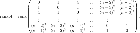$$
\begin{aligned}
	\operatorname{rank} A = \operatorname{rank}
	\begin{pmatrix}
0 & 1 & 4 & \dots & (n-2)^2 & (n-1)^2 \\
1 & 0 & 1 &  \dots & (n-3)^2 & (n-2)^2 \\
4 & 1 & 0 &  \dots & (n-4)^2 & (n-3)^2 \\
\vdots & \vdots & \vdots & \dots & \vdots & \vdots  \\
(n-2)^2 & (n-3)^2  & (n-4)^2  & \dots & 0 & 1 \\
(n-1)^2 & (n-2)^2 & (n-3)^2   & \dots & 1  & 0
\end{pmatrix}.
\end{aligned}
$$