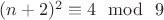 $ (n+2)^2 \equiv 4\mod \ 9 $