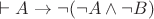 $\vdash A\to\neg(\neg A\wedge\neg B)$