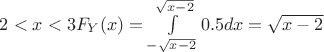 $2<x<3 F_Y(x)=\int\limits_{-\sqrt{x-2}}^{\sqrt{x-2}}0.5dx=\sqrt{x-2}$