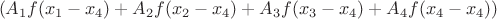 $~(A_1f(x_1-x_4)+A_2f(x_2-x_4)+A_3f(x_3-x_4)+A_4f(x_4-x_4))$