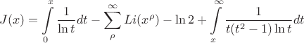 $$ J(x) = \int\limits_0^x\frac1{\ln t}dt - \sum\limits_{\rho }^{\infty}Li(x^{\rho})-\ln2 + \int\limits_{x}^{\infty}\frac1{t(t^2-1)\ln t}dt$$