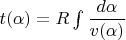 $t(\alpha)=R\int \dfrac{d\alpha}{v(\alpha)} $