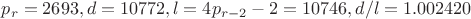 $p_r=2693, d=10772, l=4p_{r-2}-2=10746, d/l=1.002420$
