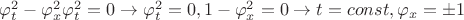 $\[\varphi _t^2 - \varphi _x^2\varphi _t^2 = 0 \to \varphi _t^2 = 0,1 - \varphi _x^2 = 0 \to t = const,{\varphi _x} =  \pm 1\]$