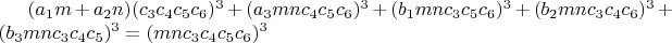 $(a_1m+a_2n)(c_3c_4c_5c_6)^3+(a_3mnc_4c_5c_6)^3+(b_1mnc_3c_5c_6)^3+(b_2mnc_3c_4c_6)^3+(b_3mnc_3c_4c_5)^3=(mnc_3c_4c_5c_6)^3$