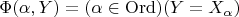 $$\Phi(\alpha,Y)=(\alpha\in{\rm Ord})(Y=X_\alpha)$$