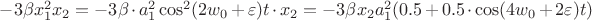 $-3\beta x_1^2 x_2 =-3\beta \cdot a_1^2\cos^2(2w_0+\varepsilon)t \cdot x_2=-3\beta x_2 a_1^2(0.5+0.5 \cdot\cos(4w_0+2\varepsilon)t) $