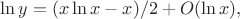 $\ln y=(x\ln x -x)/2 +O(\ln x),$