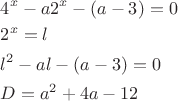 $\[
\begin{gathered}
  4^x  - a2^x  - (a - 3) = 0 \hfill \\
  2^x  = l \hfill \\
  l^2  - al - (a - 3) = 0 \hfill \\
  D = a^2  + 4a - 12 \hfill \\ 
\end{gathered} 
\]$