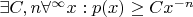 $\exists C, n \forall^\infty x: p(x) \geq C x^{-n}$