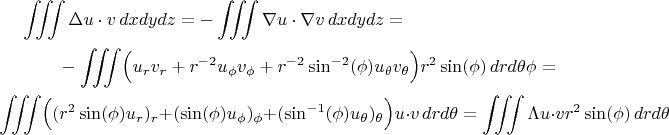 \begin{multline*}&nbsp;\iiint \Delta u\cdot v \,dxdydz = - \iiint \nabla u\cdot \nabla v \,dxdydz =\\ 
-\iiint \Bigl(u_r v_r + r^{-2} u_\phi v_\phi + r^{-2}\sin^{-2}(\phi) u_\theta v_\theta\Bigr) r^2 \sin (\phi)\,drd\theta \phi = \\
\iiint \Bigl( (r^2 \sin (\phi) u_r)_r +  (\sin (\phi)u_\phi )_\phi + (\sin^{-1}(\phi)u_\theta)_\theta\Bigr) u\cdot v\, drd\phid\theta =
 \iiint \Lambda u\cdot v  r^2\sin(\phi)\,drd\phid\theta\end{multline*}