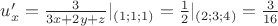$u'_x=\frac{3}{3x+2y+z}|_{(1;1;1)}=\frac12|_{(2;3;4)}=\frac{3}{16}$