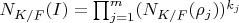 $N_{K/F}(I)=\prod_{j=1}^m (N_{K/F}(\rho_j))^{k_j}$