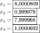 $\begin{array}{lcr}
x_1 = \fbox{8,0000809}\\
x_2 = \fbox{0,999979} \\
x_3 = \fbox{7,999968} \\
x_4 = \fbox{1,0000692} \\
\end{array}$