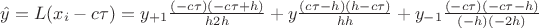 $\hat{y}=L(x_{i}-c\tau)=y_{+1}\frac{(-c\tau)(-c\tau+h)}{h 2h}+y\frac{(c\tau-h)(h-c\tau)}{h h}+y_{-1}\frac{(-c\tau)(-c\tau-h)}{(-h)(-2h)}$