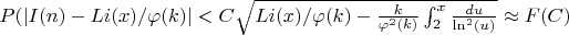 $P(|I(n)-Li(x)/\varphi(k)|< C \sqrt {Li(x)/\varphi(k)-\frac {k}{\varphi^2(k)} \int_{2}^{x}\frac {du}{\ln^2(u)}} \approx F(C)$