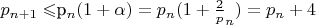 $p_{n+1}\leqslant$p_{n}(1+\alpha)=p_{n}(1+\frac2p_{n})=p_{n}+4$