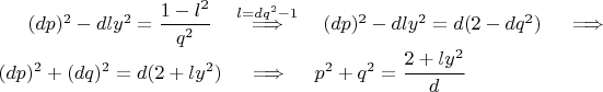 $(dp)^2-dly^2=\dfrac{1-l^2}{q^2} \quad\overset{l=dq^2-1}{\implies}\quad (dp)^2-dly^2=d (2 - d q^2) \quad\implies\quad \\ (dp)^2+(dq)^2=d(2+ly^2) \quad\implies\quad p^2+q^2=\dfrac{2+ly^2}{d}$