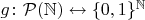 $g\colon \mathcal P(\mathbb N)\leftrightarrow \{0, 1\}^\mathbb N$