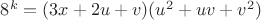 $8^k=(3x+2u+v)(u^2+uv+v^2)$